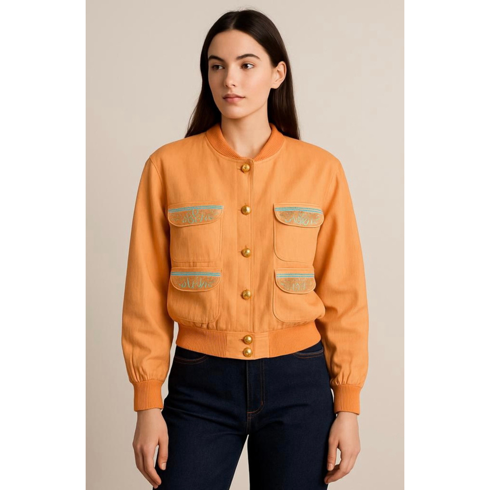 Begedor‎ Italia Women's Orange Bomber Jacket 12 100% Silk Linen Eclectic Grandpa